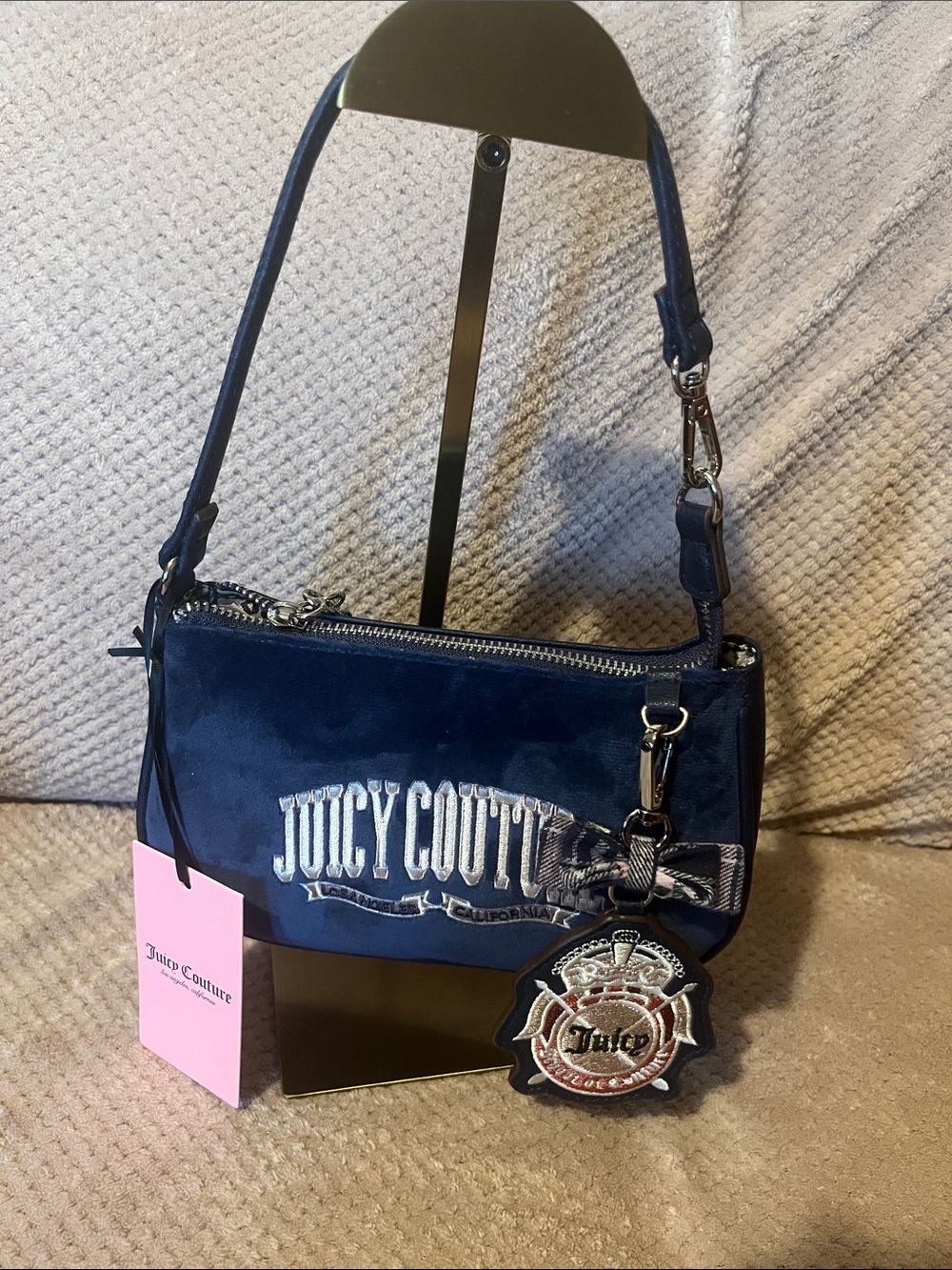 Juicy Couture Navy Velvet Mini Shoulder Bag with Branded Charm New With Tags